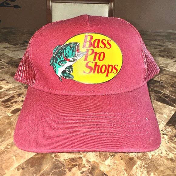 Bass Pro Shops Logo Mesh Net Trucker Hat Cap in Maroon Red - Picture 2 of 7